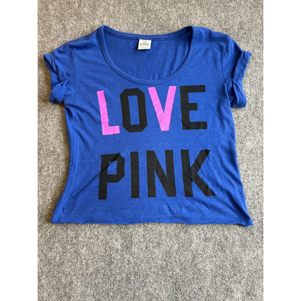 Victorias Secret PINK Womens XS Blue Love Pink Graphic Crop Top Short Sleeve Tee